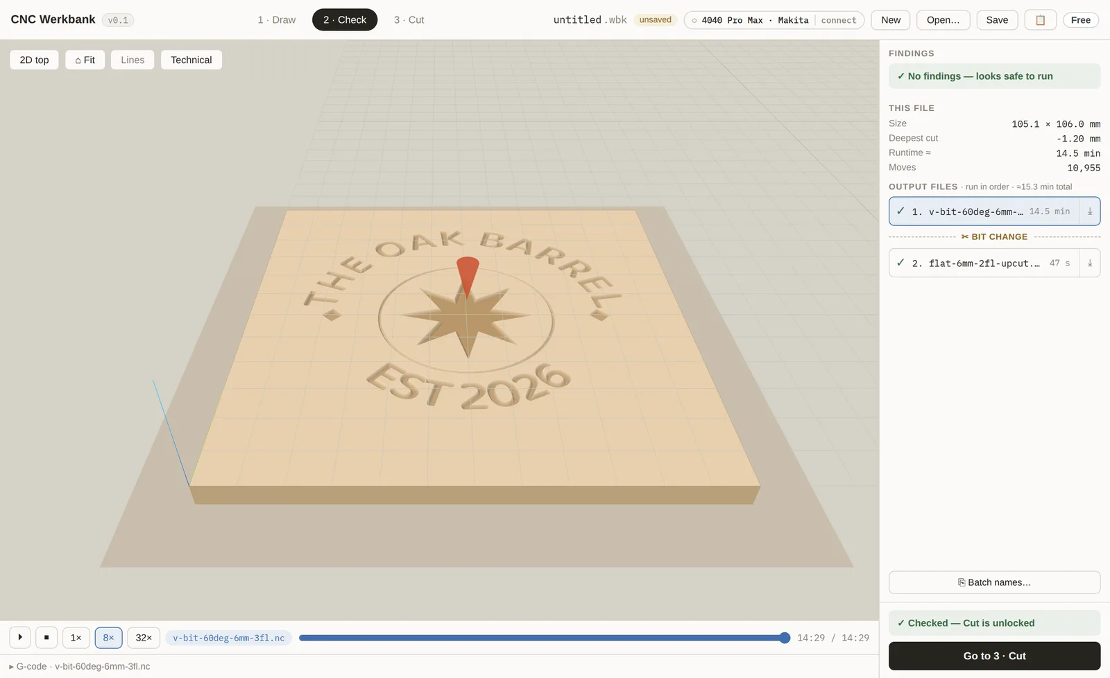 The Check phase after a full simulated run, in the realistic render: the coaster shown as carved wood with V-grooved lettering around the rim and a compass star in the centre, beside a findings panel reporting no findings, a deepest cut of 1.2 mm, an estimated runtime of 14.5 minutes and two output files split by a bit change.